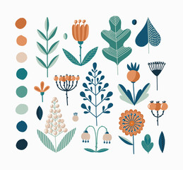 Folk botanical elements set with palette