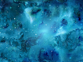 Watercolor space texture, galaxy with glowing stars. Night starry sky with white stardust.