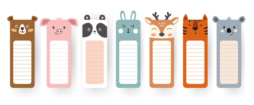 Cartoon kawaii baby bear, pig, tiger, panda. Animal head set. Bookmark paper sticker collection