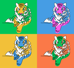 Lying tiger, pop art design . One continuous line art drawing of the tiger. Vector colorful bright illustration, poster, print. Chinese new year 2022 background in pop art style