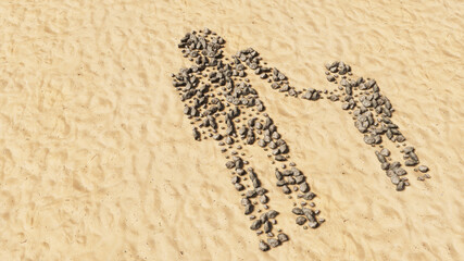 Concept conceptual stones on beach sand handmade symbol shape, golden sandy background, adult and child holding hands sign. 3d illustration metaphor for family, education, warning, prevention security