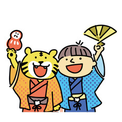 
トラと男の子のイラスト　着物
