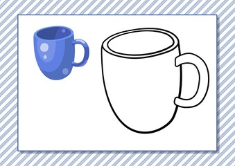 Printable worksheet. Coloring book. Cute cartoon cup. Vector illustration. Horizontal A4 page Color blue