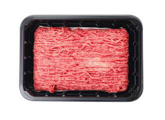 Plastic container with minced meat isolated on white, top view
