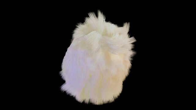 white abstract spherical figure covered with thick hair moves on a black background. abstract three-dimensional animation. 3d render
