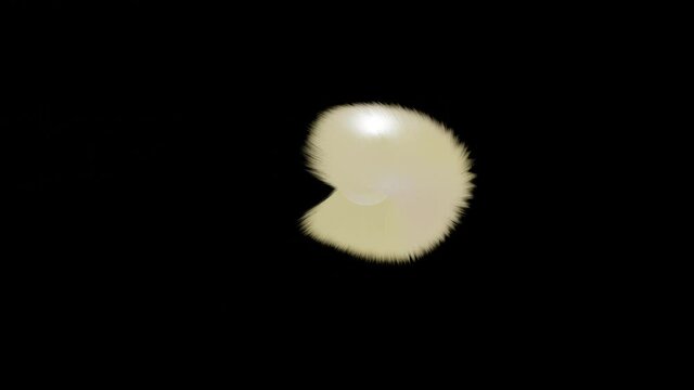 white abstract spherical figure covered with thick hair flies and rotates on a black background. abstract three-dimensional animation. 3d render