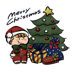 サンタクロースとツリーとプレゼントの手描きクリスマスイラスト素材