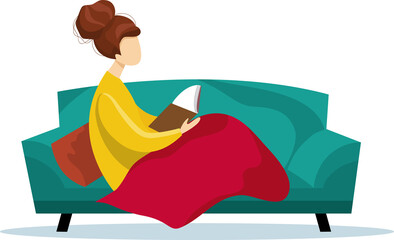Woman reading book while sitting at sofa. Learning and literacy day concept. Cute vector illustration in flat cartoon style