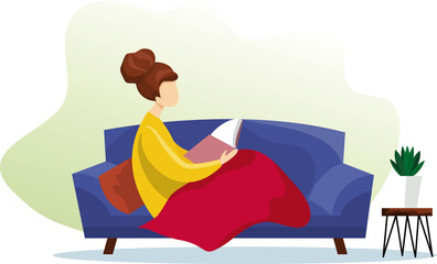 Woman reading book while sitting at sofa. Learning and literacy day concept. Cute vector illustration in flat cartoon style