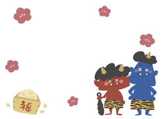 節分手描きイラストフレーム　横向き