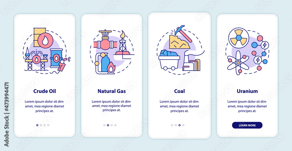 Aufkleber types of nonrenewable energy sources onboarding mobile app page screen. ecology walkthrough 4 steps 