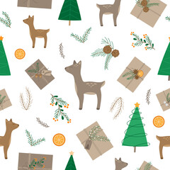 Forest cute christmas vector icon seamless pattern