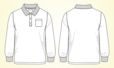 Long sleeve Polo shirt with pocket technical fashion flat sketch vector illustration template front and back views.
