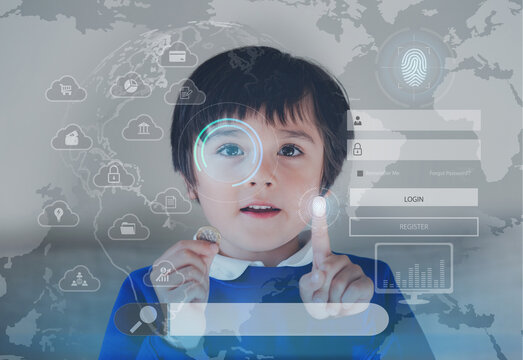 Kid Boy using Fingerprint Login on Internet for Data Information Networking,Double exposure of world Map with blank Search Browsing Bar,Concept for Money,Stock Market Investment Fund and Digital Asset