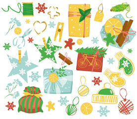 Large set of vector illustrations in retro style. Needlework, scissors, gifts, bicycle, tree, snowflakes,, cinnamon, packaging, threads, stars and other items. Elements isolated on white background