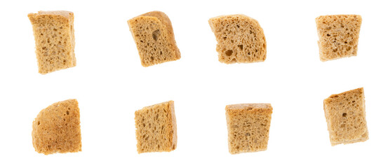 Baked crackers isolated white background close up. heap small pieces dried bread. crumbs of bread croutons