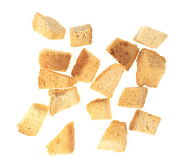 Baked crackers isolated white background close up. heap small pieces dried bread. crumbs of bread croutons