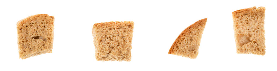 Baked crackers isolated white background close up. heap small pieces dried bread. crumbs of bread croutons