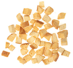 Baked crackers isolated white background close up. heap small pieces dried bread. crumbs of bread...