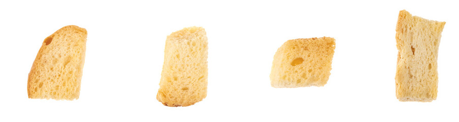 Baked crackers isolated white background close up. heap small pieces dried bread. crumbs of bread croutons