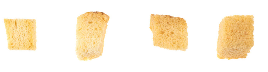 Baked crackers isolated white background close up. heap small pieces dried bread. crumbs of bread croutons