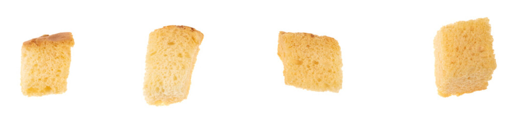 Baked crackers isolated white background close up. heap small pieces dried bread. crumbs of bread croutons