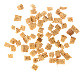 Baked crackers isolated white background close up. heap small pieces dried bread. crumbs of bread croutons