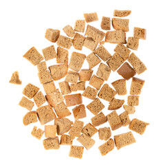 Baked crackers isolated white background close up. heap small pieces dried bread. crumbs of bread croutons