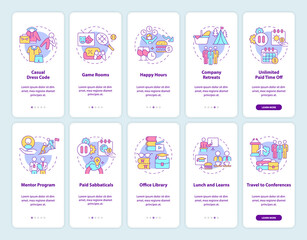 Employee perks onboarding mobile app page screen set. Bonus for company workers walkthrough 5 steps graphic instructions with linear concepts. UI, UX, GUI template. Myriad Pro-Bold, Regular fonts used