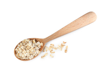 Raw oatmeal and wooden spoon on white background, top view