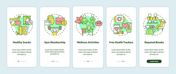 Health and wellness perks onboarding mobile app page screen. Healthy snacks walkthrough 5 steps graphic instructions with linear concepts. UI, UX, GUI template. Myriad Pro-Bold, Regular fonts used