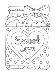 Coloring page love. Cute jar with sweet hearts candy and bow. Valentine design. Hand drawn vector line art illustration. Coloring book for children and adults. Romantic black and white sketch.