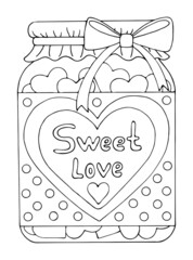Coloring page love. Cute jar with sweet hearts candy and bow. Valentine design. Hand drawn vector line art illustration. Coloring book for children and adults. Romantic black and white sketch.