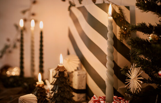 Christmas candles, presents, and decorations