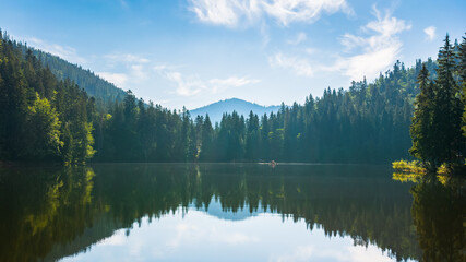 Fototapeta premium mountain landscape with lake in summer. beautiful forest scenery around the water. scenic travel background of synevyr national park, ukraine. green outdoor nature environment
