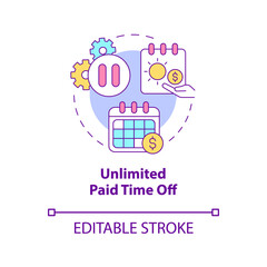 Unlimited paid time off concept icon. Receiving salary during leave abstract idea thin line illustration. Isolated outline drawing. Editable stroke. Roboto-Medium, Myriad Pro-Bold fonts used