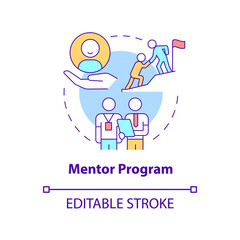 Mentor program concept icon. Professional experience share. Employee training abstract idea thin line illustration. Isolated outline drawing. Editable stroke. Roboto-Medium, Myriad Pro-Bold fonts used