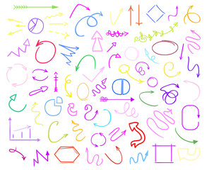 Multicolored infographic elements isolated on white. Set of different indicator signs. Tangled backdrops. Hand drawn simple objects. Line art. Abstract circles, arrows and rectangles. Symbols for work