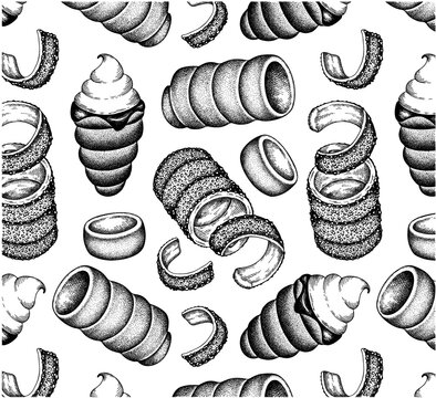 Sketch drawing pattern of trdelnik on white background. Hand drawn chimney cake, trdlo, kurtos, k&uuml;rtőskal&aacute;cs, ice cream, chocolate, cream, pistachio. Czech sweet baked food. Vector illustration.
