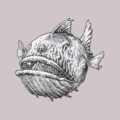 Mystical monster fish. Underwater creature. Fantasy drawing.	
