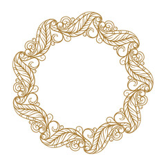 Vector round doodle frame. Golden floral wreath on a white background.