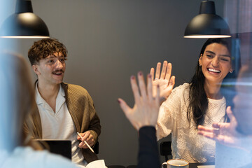 Smiling woman having meeting in office