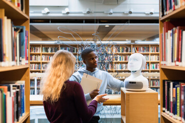 Students using AI voice assistant in library