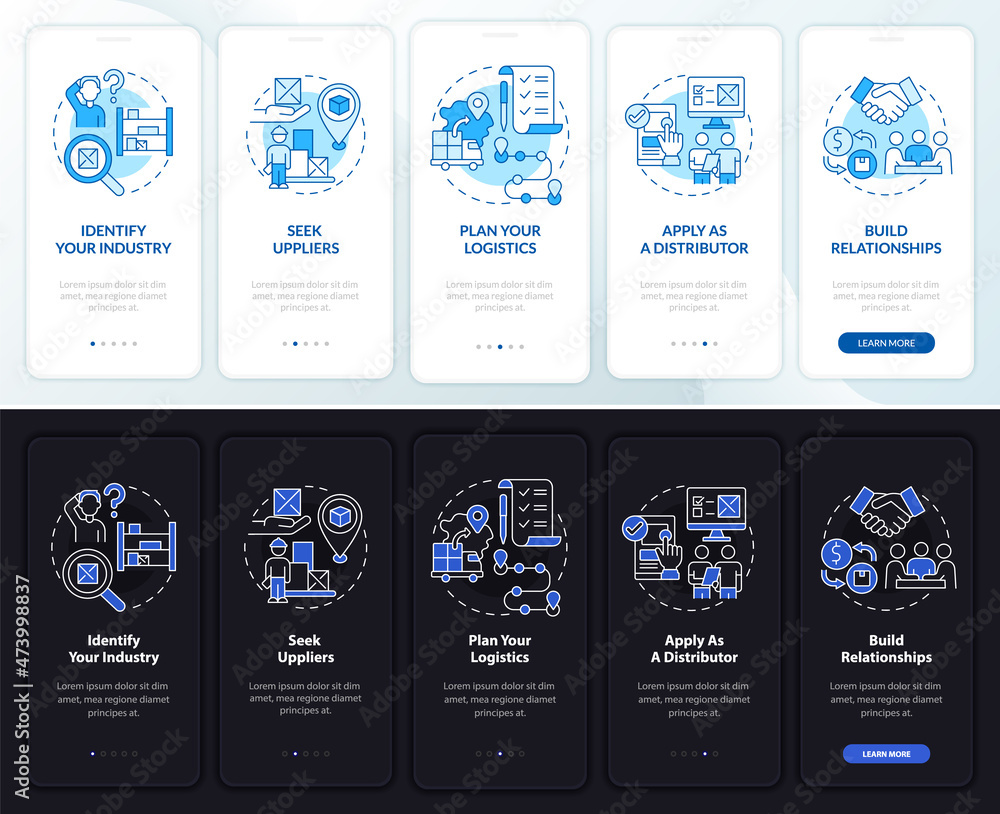 Poster distribution business steps onboarding mobile app page screen. startup walkthrough 5 steps graphic i