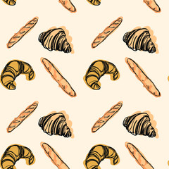 Simple hand drawn style croissants, baguette elements vector pattern on the beige background. Cartoon style french bread and bakery elements. Croissant pastry. Breakfast coffee time. Nude palette.