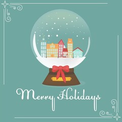 Copenhagen colorful Scandinavian houses in a snow globe on a blue background. Christmas card.