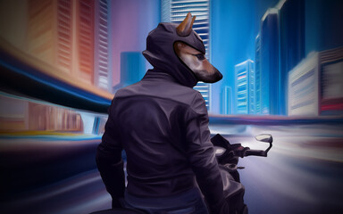 cool dog motorcyclist in the night city