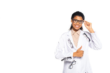 Smiling african american ophthalmologist with eyeglasses showing like sign isolated on white.