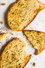 Bruschetta bread with oil and origan. Top view