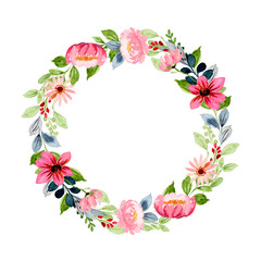 Fototapeta na wymiar Pink floral wreath with watercolor